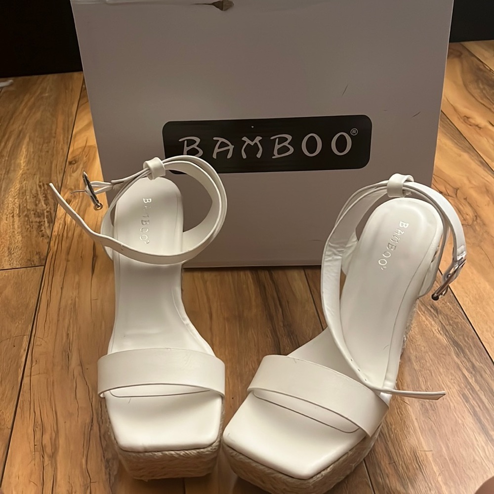 White  square toed wedges with strap size 5.5